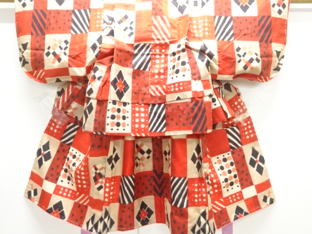 JAPANESE KIMONO / ANTIQUE KIMONO ENSEMBLE FOR KIDS / TAISHO ROMAN STYLE / MEISEN / SILK / WOVEN GRID & ABSTRACT PATTERN